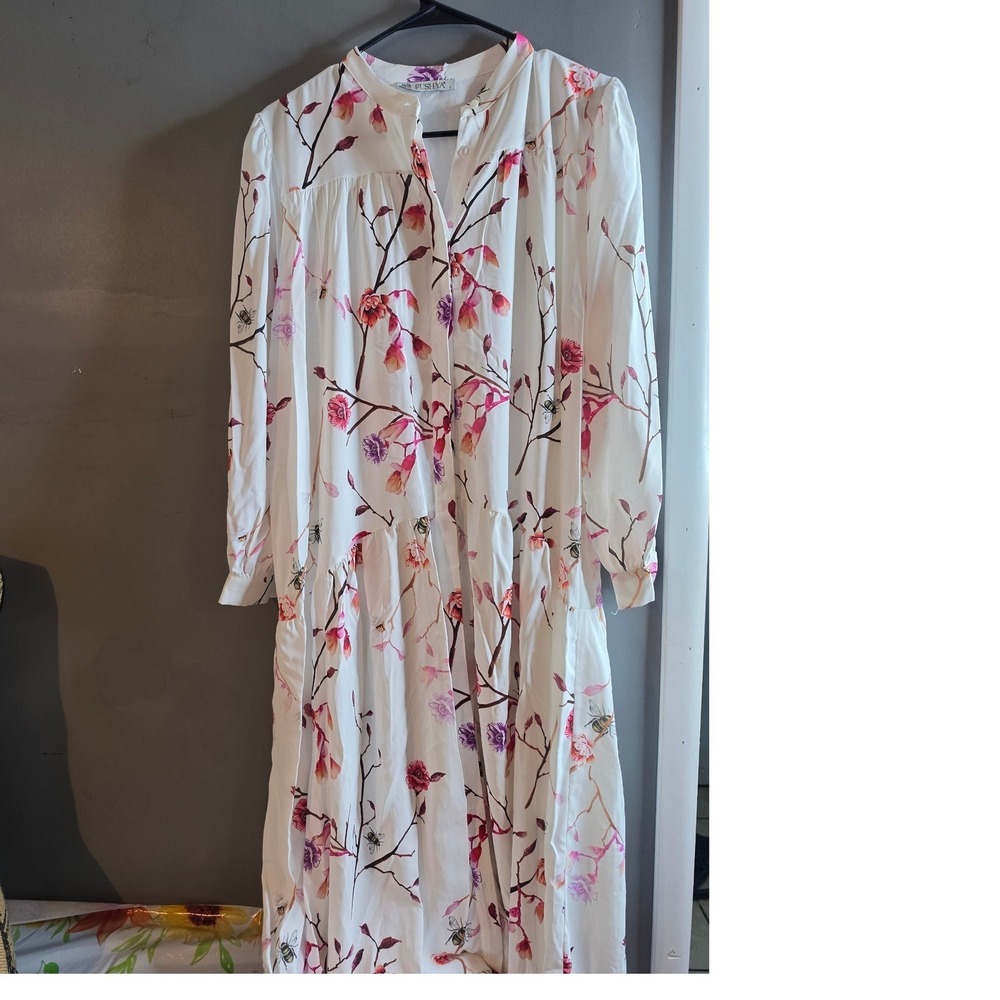 Fushya Floral Bee Print Maxi Dress White Long Sleeve Tiered Boho Size 2 NWT